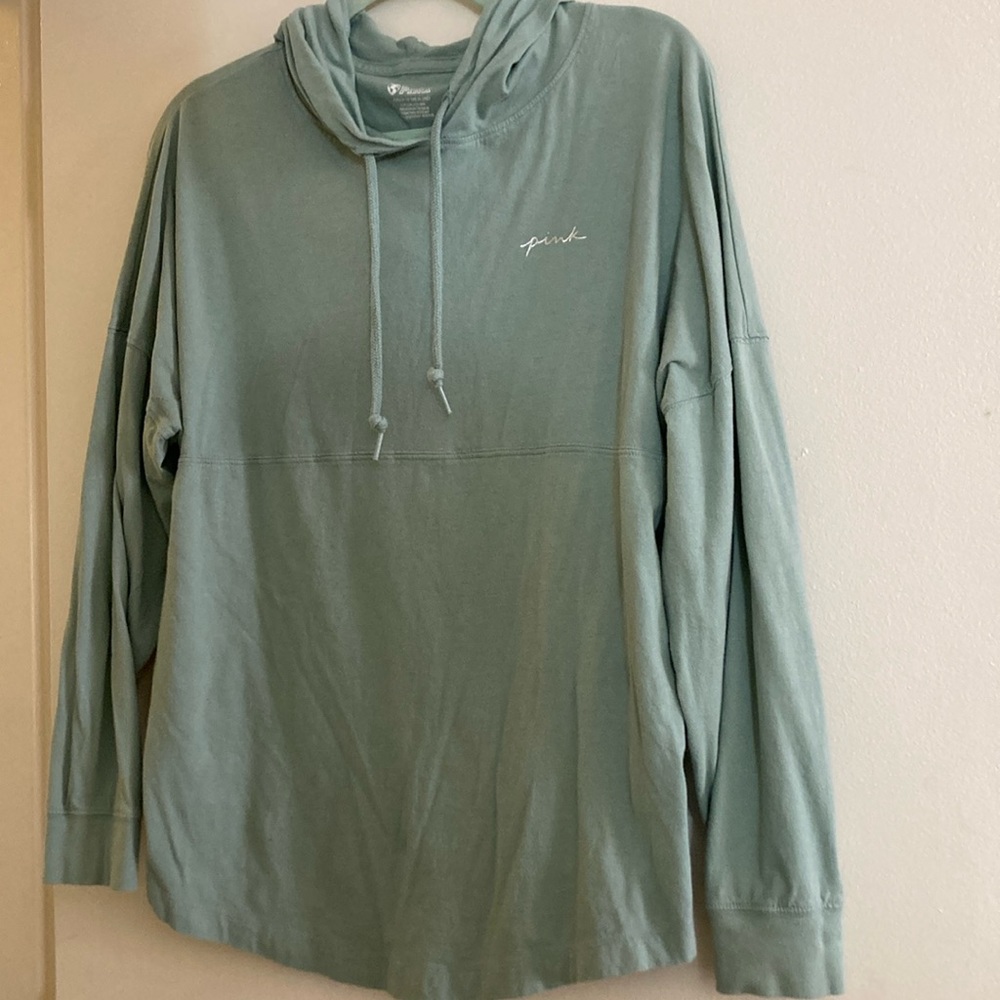 PINK green hooded long sleeve- metallic writing on back: Small